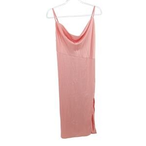 Peach Cowl Neck Satin Slip Midi Dress Women LG Wedding Event HOCO Cocktail Party